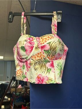 Wet Seal Tropical Floral Bustier Crop Top - Pink, Cream & Green